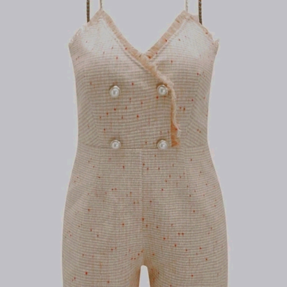 Pearl Double Button Fringe Trim Tweed Cami Romper